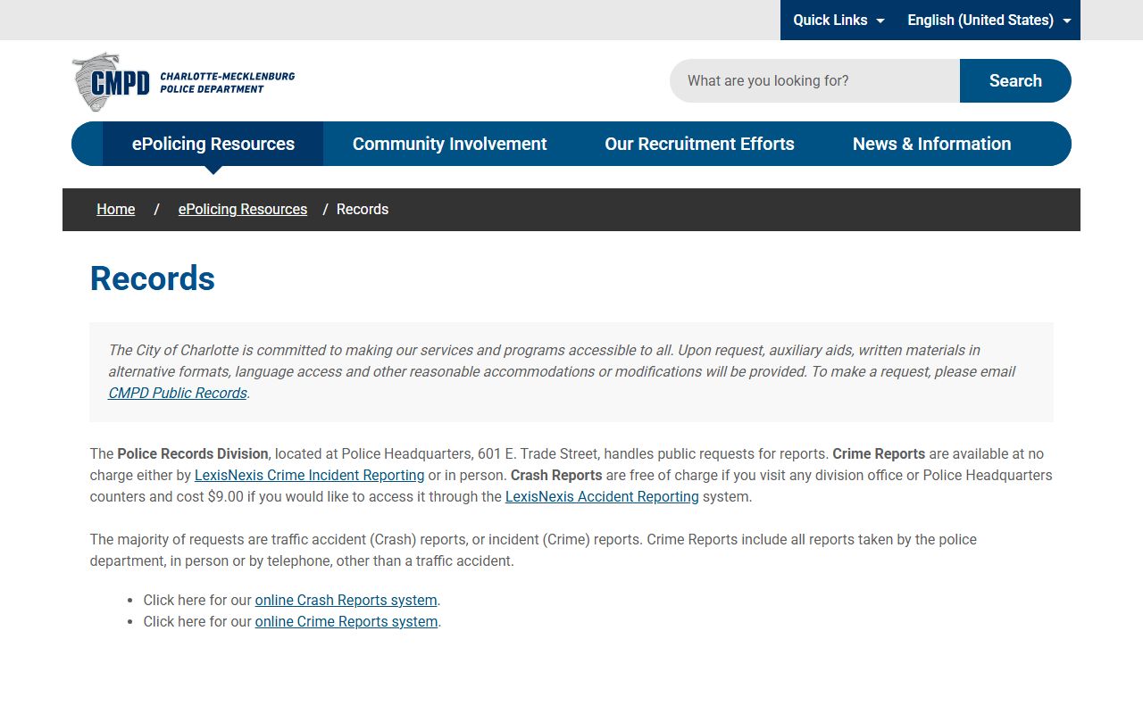 CMPD Records Division for Charlotte police reports