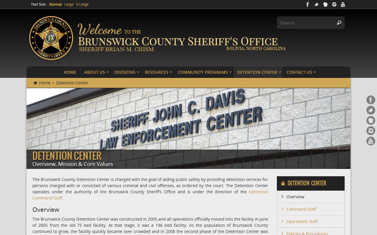 Brunswick County inmate search page for recent bookings lookup