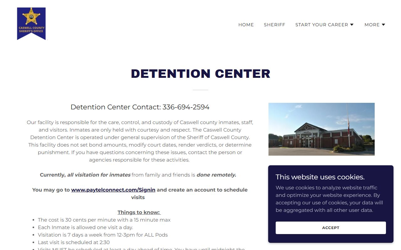 Caswell County Detention Center page with booking and inmate details