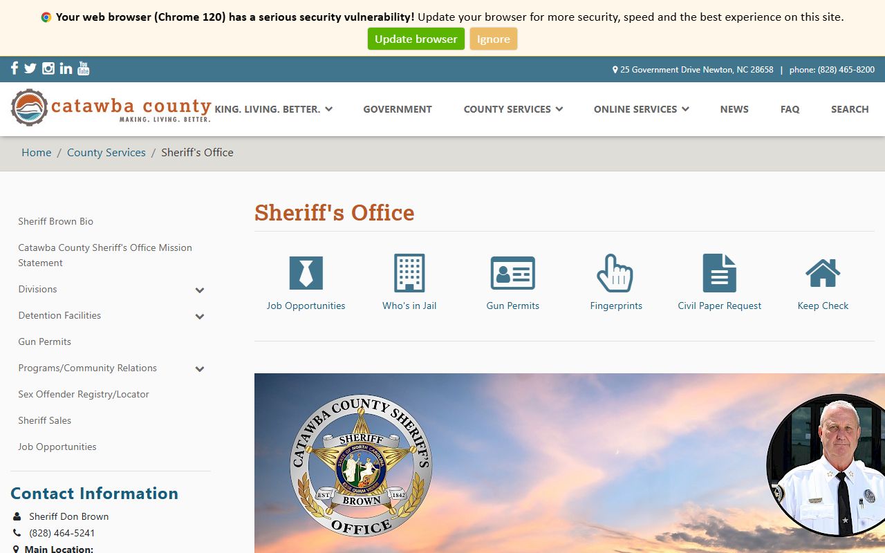 Catawba County Sheriff's Office website with links to jail and booking services