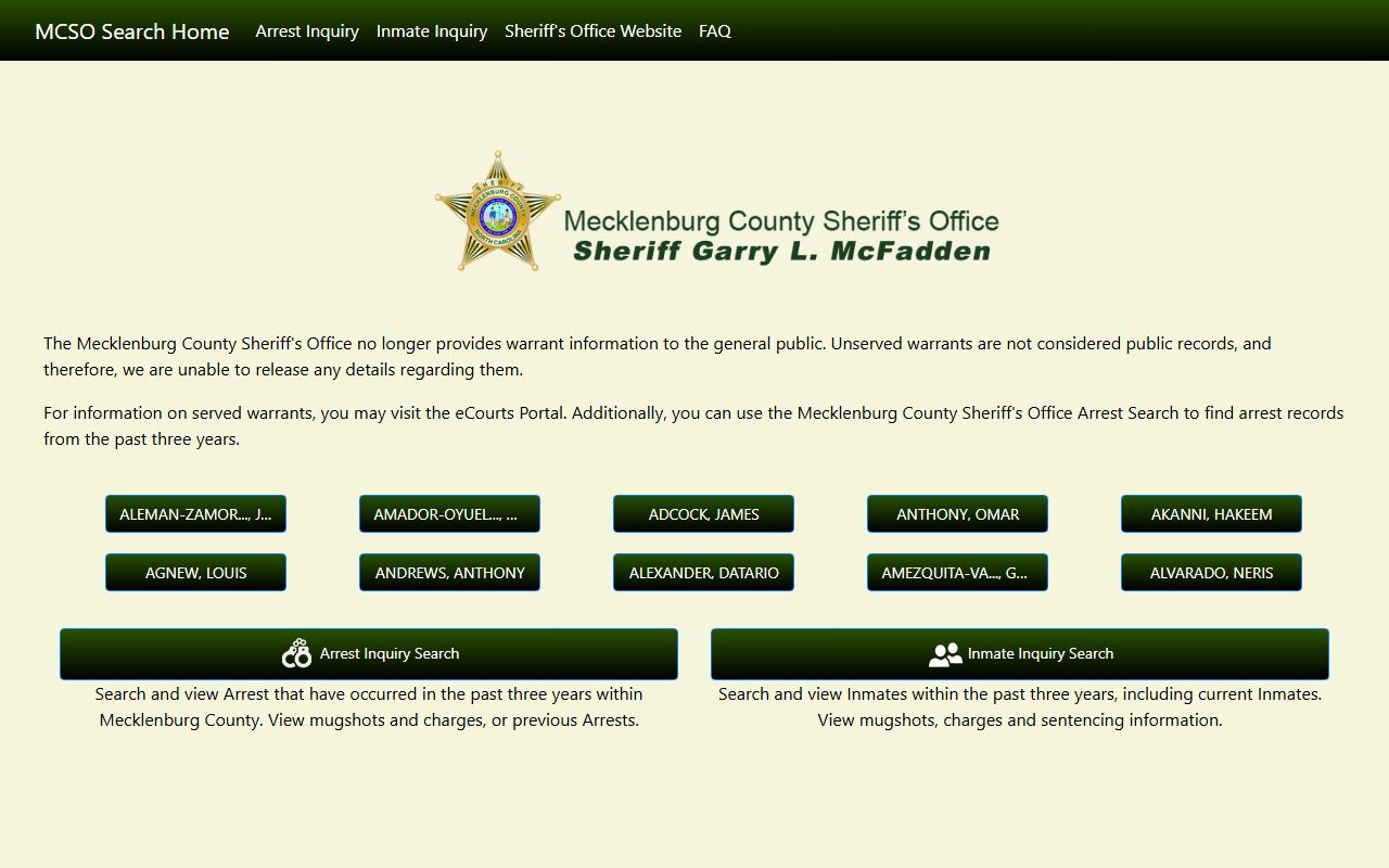 Mecklenburg County Sheriff's Office web portal with links to arrest and inmate search tools