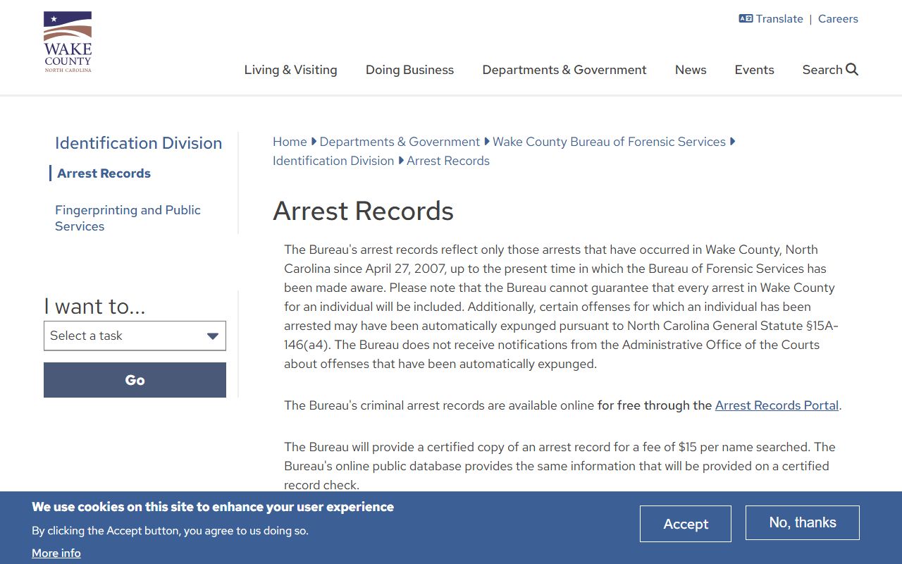 Wake County CCBI criminal record inquiries page for recent bookings searches