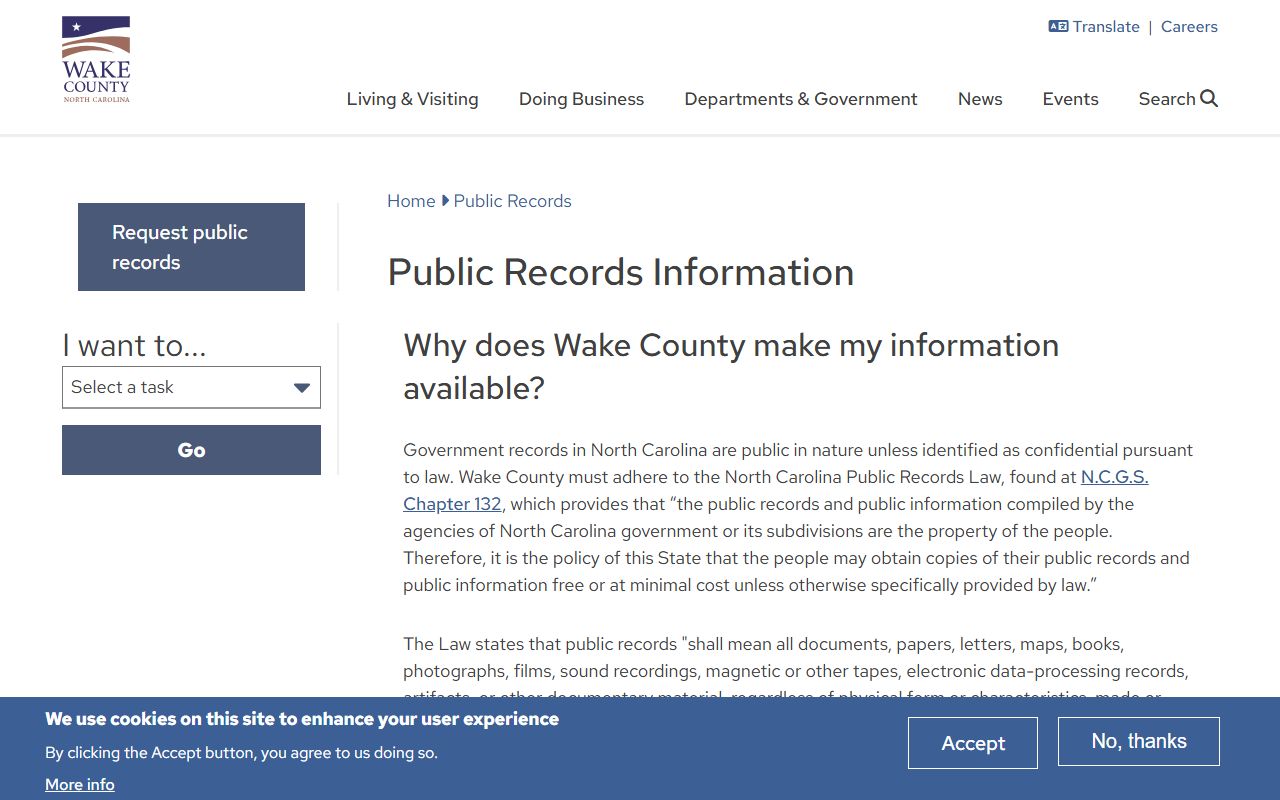 Wake County public records page for requesting recent bookings and arrest data